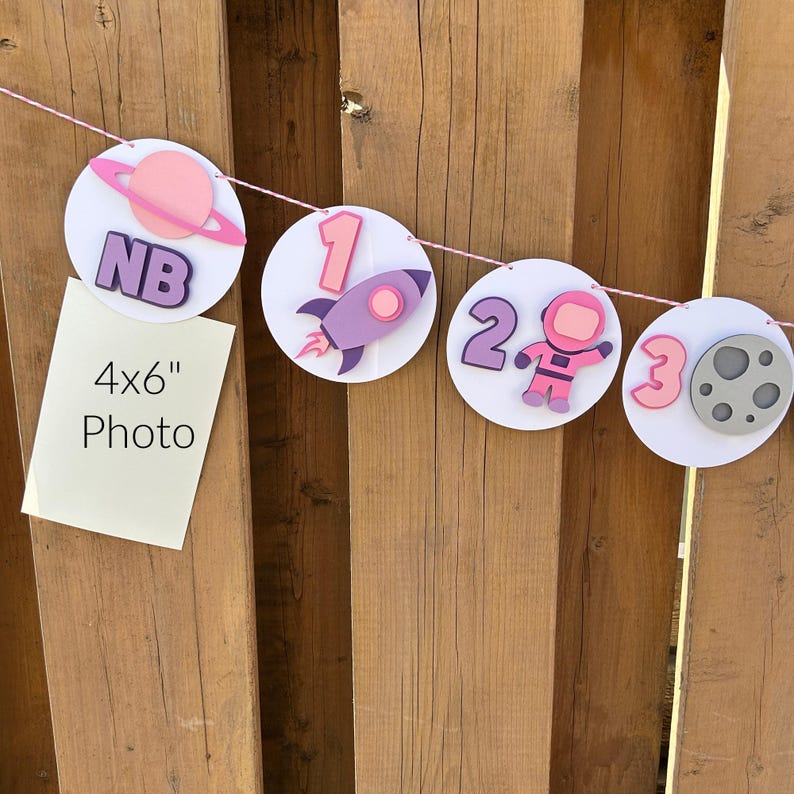 Pink Space Milestone Photo Banner | Girls First Trip Around the Sun Birthday Party Decorations | Outer Space Birthday Party Decor image 3