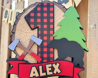 Adorno para tarta de leñador personalizado / Decoración para fiesta de cumpleaños de Wild One a cuadros de búfalo / Decoración para fiesta de camping