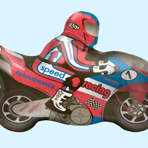 May include: A red, blue, and black foil balloon shaped like a motorcycle with a rider wearing a red helmet. The motorcycle has the words "speed performance" and "decade racing" on it.