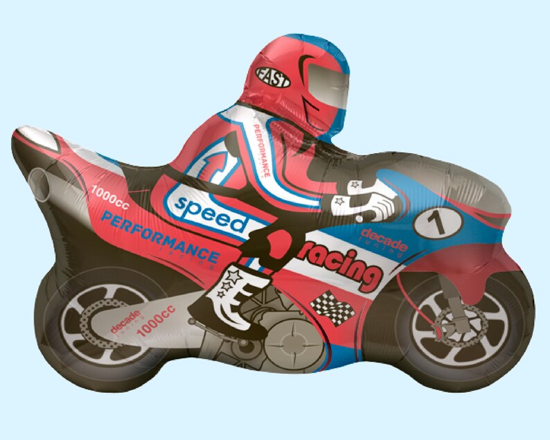 May include: A red, blue, and black foil balloon shaped like a motorcycle with a rider wearing a red helmet. The motorcycle has the words "speed performance" and "decade racing" on it.