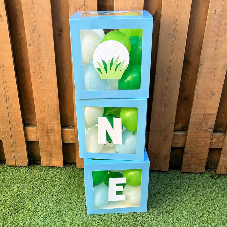 Cajas de globos azules de golf / Decoraciones para fiesta de primer cumpleaños "Hoyo en uno" / Artículos para fiesta de golf / Fiesta deportiva imagen 1