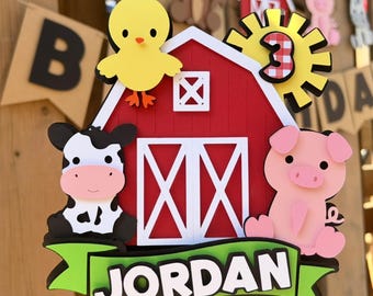 Adorno para tarta de granja personalizado / Decoración para fiesta de cumpleaños de granero / Artículos para fiesta Three-I-E-I-O / Decoración para fiesta Oink Baa Moo