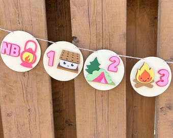 Pink Camping Monthly Milestone Photo Banner | Girls One Happy Camper First Birthday Party Decorations