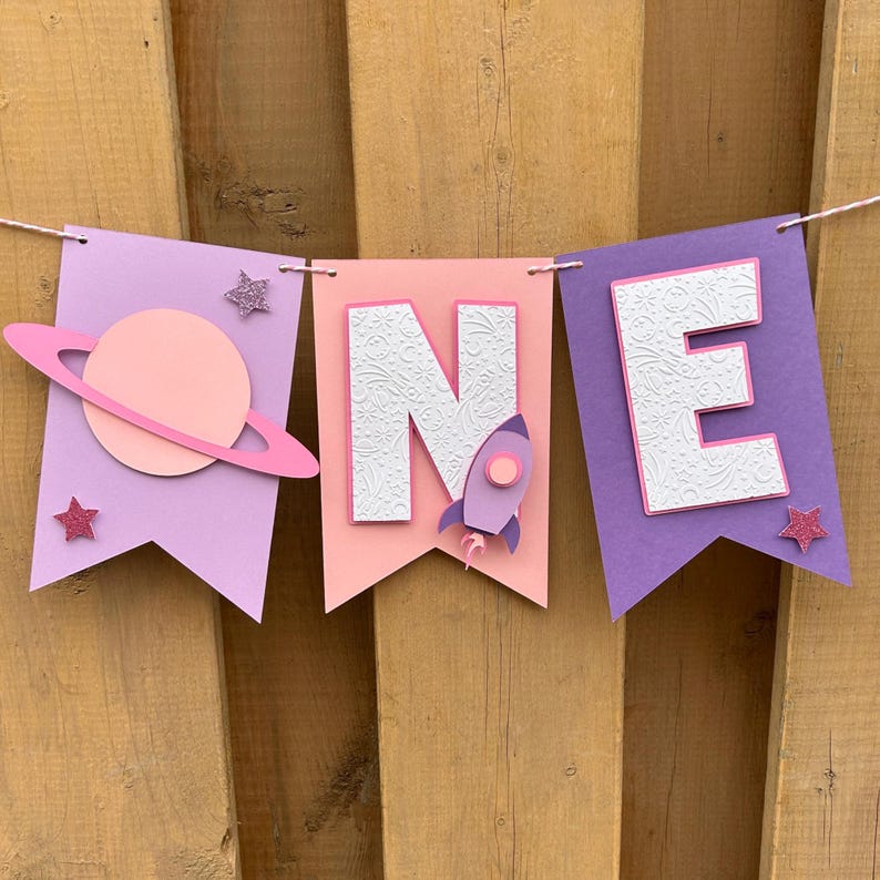 Guirnalda rosa para trona con temática espacial / Decoraciones para fiesta de cumpleaños "Dos en la Luna" / Artículos para fiesta "Primer viaje alrededor del sol" / Decoración para fiesta del espacio exterior Banner Only