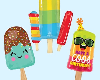 May include: Four colorful foil balloon popsicles. One popsicle is red, one is green, yellow, and blue, one is brown and green with sprinkles, and one is orange, yellow, and green with the text "Have a Cool Birthday!"