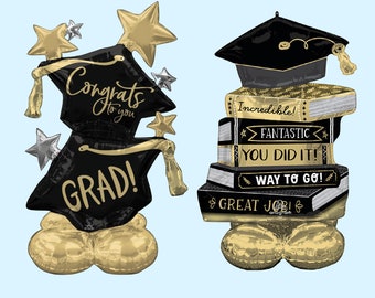 Standing Graduation Air Fill Balloons | Graduation Party Decoration | High School, College / University Grad Balloon | Black & Gold Grad