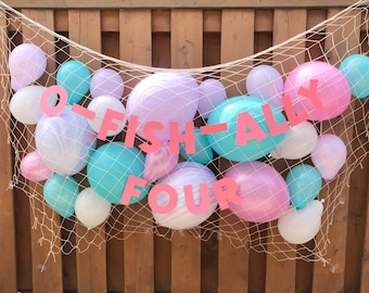 Fondo de red de pesca con globos de sirena / Decoraciones para fiesta de sirena / Niñas O-Fish-Ally Un cumpleaños