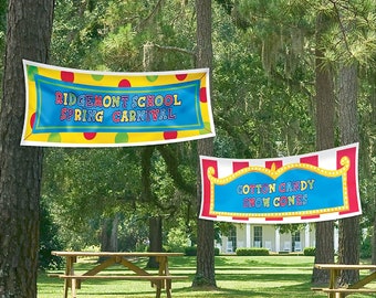 May include: Two colorful banners hanging from trees. The top banner is yellow with red and yellow polka dots and says "Ridgemont School Spring Carnival". The bottom banner is red and white striped with a blue background and says "Cotton Candy Snow Cones".