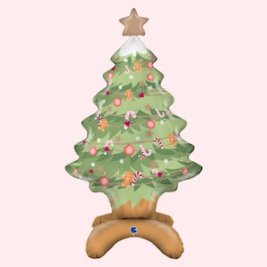 May include: A green Christmas tree balloon with a brown wooden base. The balloon is decorated with gingerbread men, candy canes, red ornaments, and stars.