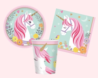 May include: A set of unicorn-themed party supplies, including a paper plate, a paper cup, and a napkin. The items feature a white unicorn with a pink mane and tail, surrounded by flowers and stars on a light blue background.