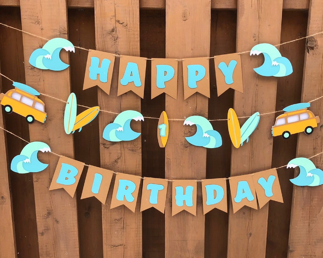 Blue Retro Surf Birthday Banner Surf the Big One Birthday Party Decorations Surfing Party