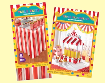 May include: Red and white striped table skirt with a 14-foot length and a carnival-themed table decoration with a red and white striped tent and the text "Welcome to the Carnival".