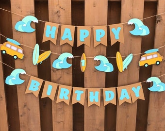 Blue Retro Surf Birthday Banner | Surf The Big One Birthday Party Decorations | Surfing Party Supplies | Beach Party Decorations | Hang 10