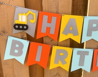 Construction Birthday Banner | Blue Construction Birthday Party Decorations | Dump Truck Party Decor | Builder Party Supplies