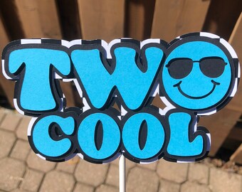 Two Cool Cake Topper | Two Cool Skater Birthday Party Decorations | Blue Smile Face Party Supplies