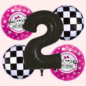 Bad Two the Bone Balloon Bouquet | Girls Bad 2 the Bone Birthday Party Decorations | Pink Checker Skull Party Supplies