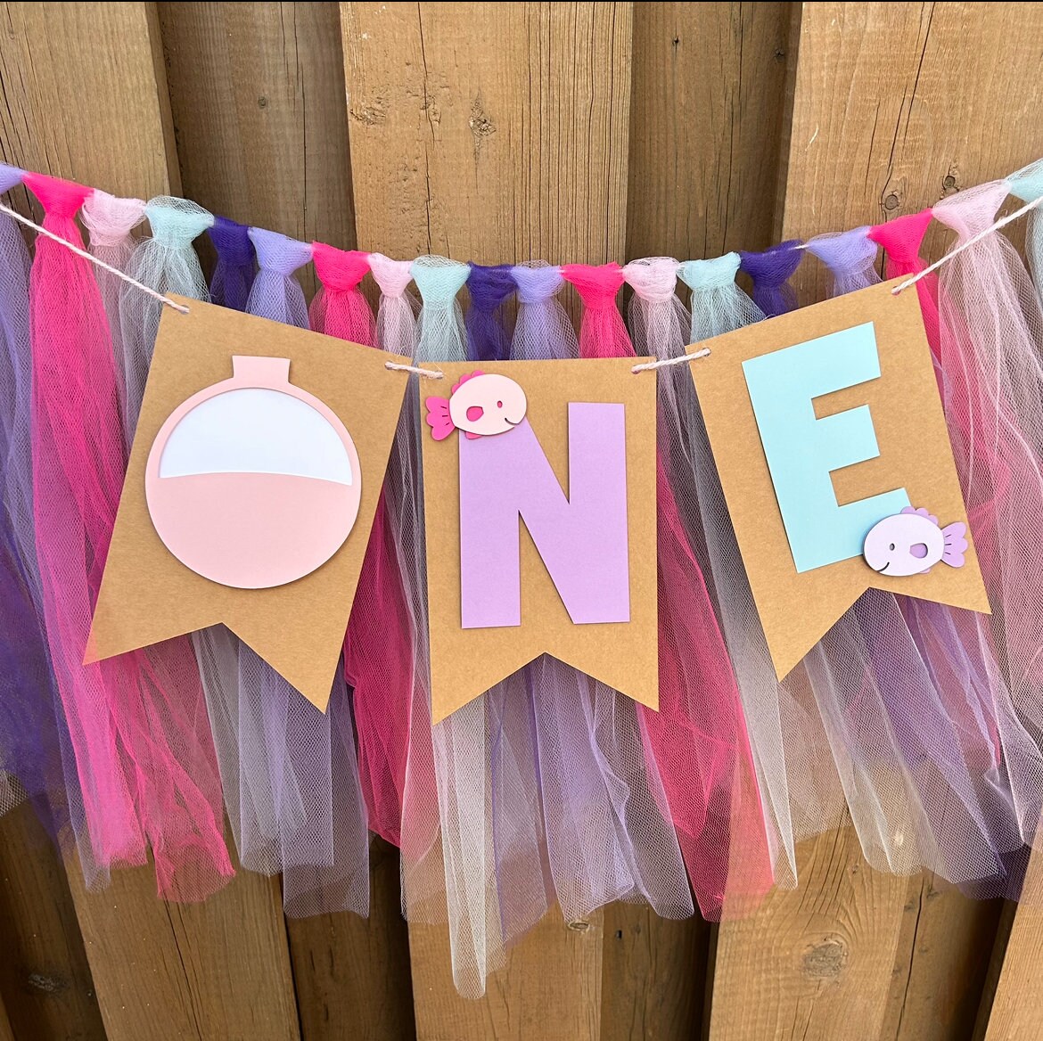 Pink Fishing Highchair Banner | Girls O-Fish-Ally One First Birthday Party Decorations | Reeling in The Big One Party Supplies