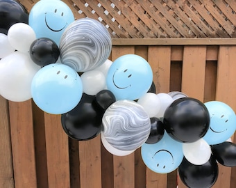 Guirnalda de globos "One Cool Dude" / Decoraciones para fiesta de cumpleaños "One Happy Dude" / Decoración con cara feliz azul / Suministros para fiesta "Two Cool Happy Face"