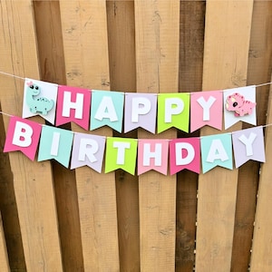 Custom Girly Dino Birthday Banner | Pink Dinosaur Birthday Party Decorations | Girls 3-Rex Party Supplies