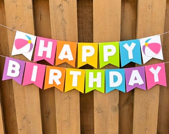 Pool Party Birthday Banner | Bright Pink Pool Party Birthday Party Decorations | Summer Party Supplies | Beach Ball Pool Party Supplies