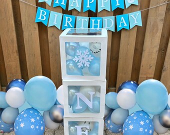 Blue Snowflake Balloon Boxes | Winter ONEderland Birthday Party Decorations | Blue Snowflake Party Decor | Blue Christmas Birthday Party