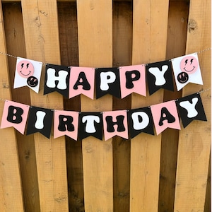 Custom Pink Happy Face Banner | One Happy Girl Birthday Party Decorations | One Cool Babe Party Supplies | Preppy Party Decor