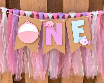 Pink Fishing Highchair Banner | Girls O-Fish-Ally One First Birthday Party Decorations | Reeling in The Big One Party Supplies
