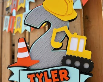 Custom Construction Cake Topper | Blue Construction Birthday Party Decorations | Truck Party Decor | Digging Party Supplies
