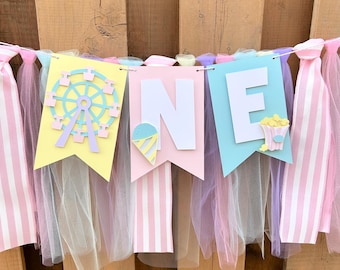 Pancarta rosa de circo para trona / Decoraciones de fiesta de cumpleaños de carnaval en tonos pastel / Decoración para fiesta bajo la carpa del circo