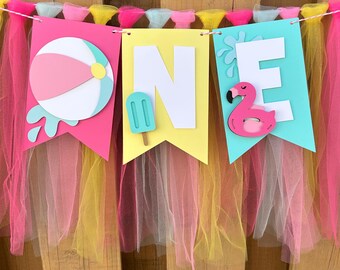 Malibu Beach Ball Highchair Banner | Bright Pool Party First Birthday Party Decorations | One in the Sun Party Supplies | Summer Party Decor