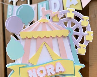 Custom Pink Carnival Cake Topper | Pastel Circus Birthday Party Decorations | Big Top Party Decor