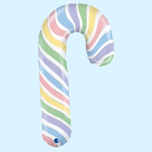 May include: A pastel-colored candy cane shaped balloon. The balloon is made of foil and has a swirl pattern in shades of pink, blue, green, and yellow.