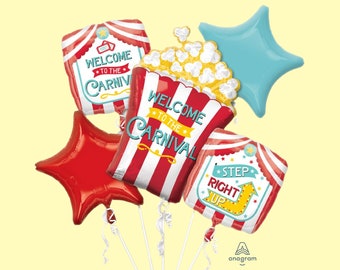 May include: A set of five carnival-themed balloons. The balloons are red, blue, and yellow with white stripes. The balloons feature the text "Welcome to the Carnival" and "Step Right Up".