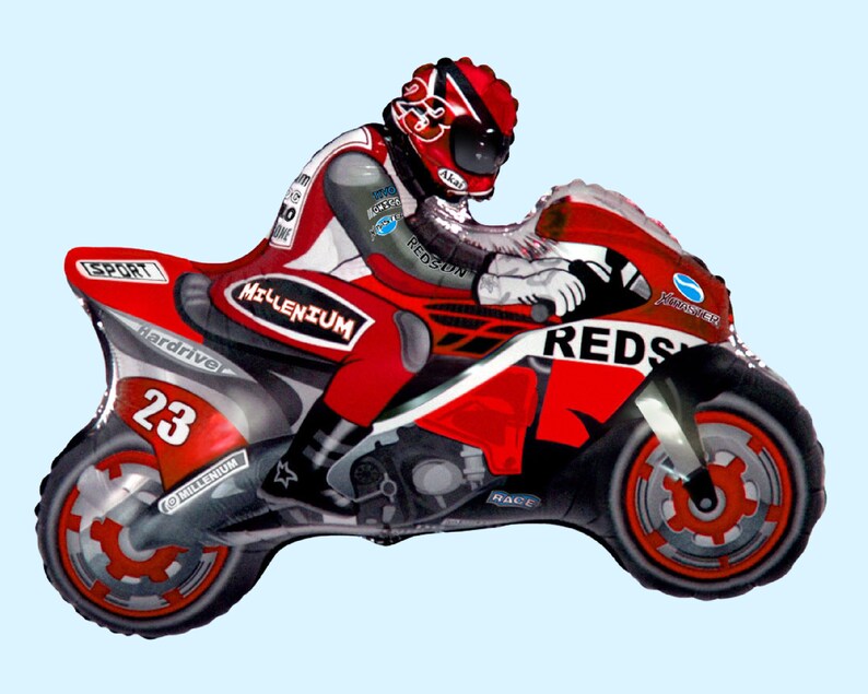 May include: Red and black inflatable motorcycle with a rider wearing a red and white racing suit. The motorcycle has the word "REDS" on the side and the number "23" on the back wheel.