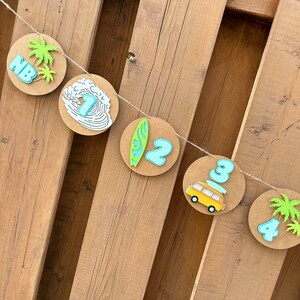 May include: A brown and white paper banner with a beach theme. The banner features a palm tree, surfboard, and a yellow van with the numbers 1, 2, 3, and 4. The banner also has the letters "NB" on it.