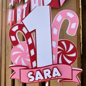Adorno para pastel de bastón de caramelo rosa / Decoraciones para fiestas de cumpleaños navideñas / Decoración de invierno para niños