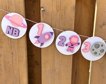 Pink Space Milestone Photo Banner | Girls First Trip Around the Sun Birthday Party Decorations | Outer Space Birthday Party Decor