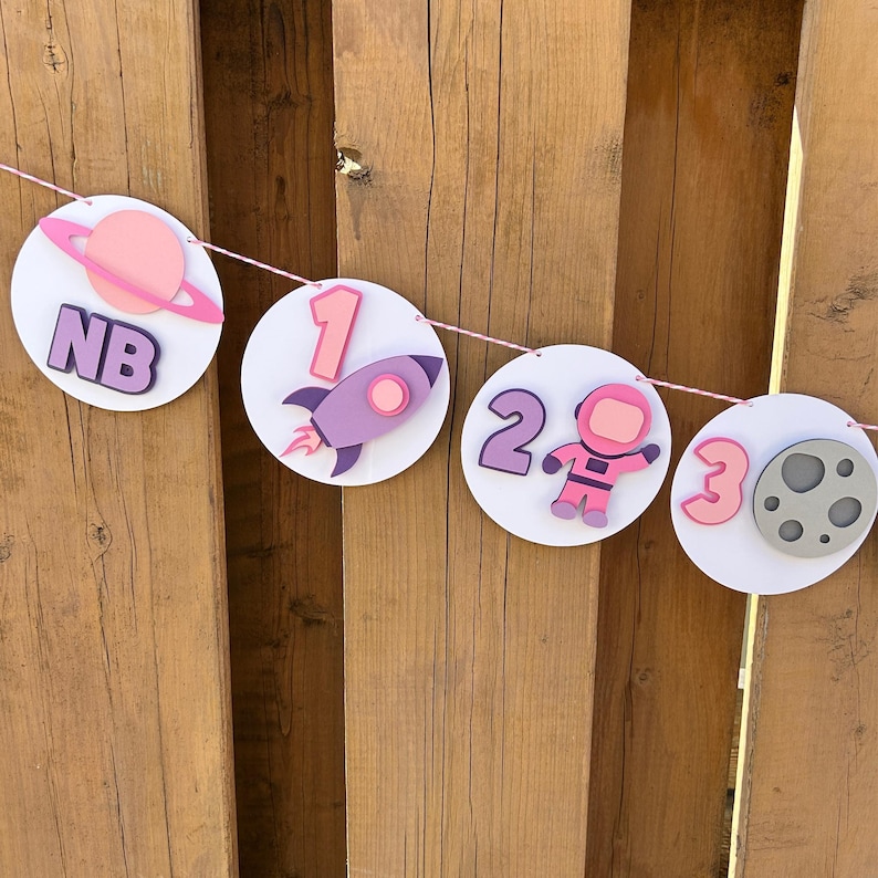 Pink Space Milestone Photo Banner | Girls First Trip Around the Sun Birthday Party Decorations | Outer Space Birthday Party Decor image 1