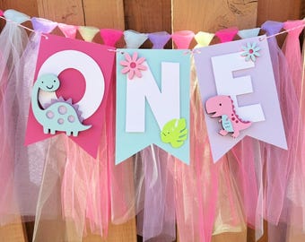 Pink Dinosaur Highchair Banner | Girls Dino First Birthday Party Decorations | Girl Dino Party Supplies