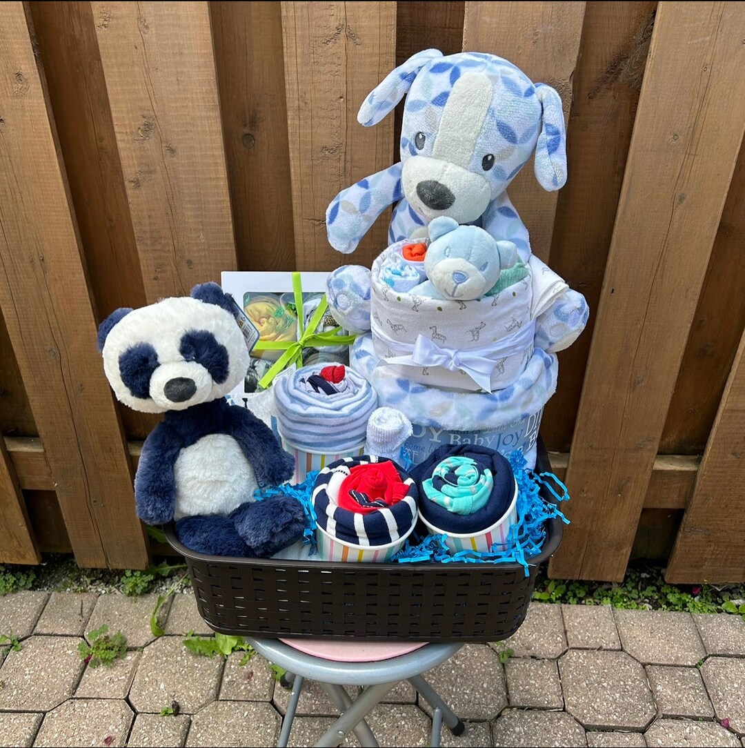 Large Baby Boy Gift Basket Baby Shower Gift Diaper Cake Etsy