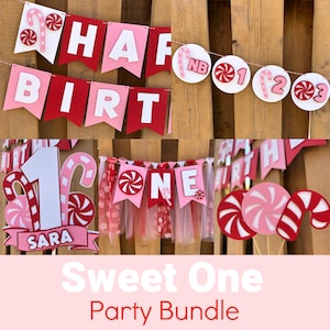 Paquete de fiesta de bastón de caramelo rosa / Decoraciones para fiesta de primer cumpleaños navideña / Decoración ¡Qué divertido es tener un año! / Dulce uno