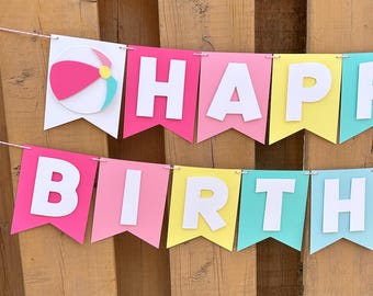 Malibu Pool Party Birthday Banner | Bright Pink Pool Party Birthday Party Decorations
