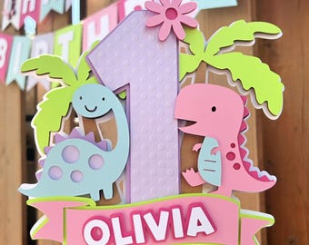 Custom Pink Dinosaur Cake Topper | Girls Dinosaur Birthday Party Decorations | 3-Rex Party Supplies