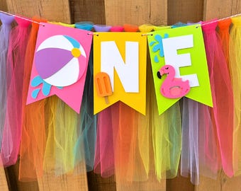 Pink Beach Ball Highchair Banner | Bright Pool Party First Birthday Party Decorations | One in the Sun Party Supplies | Summer Party Decor