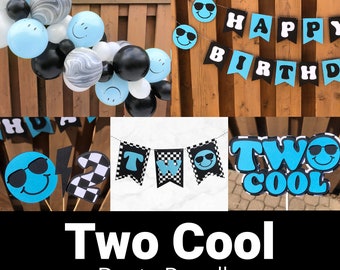 Two Cool Party Bundle | Two Cool Birthday Party Decorations | Blue Smile Face Party Supplies | Checker Smile Party