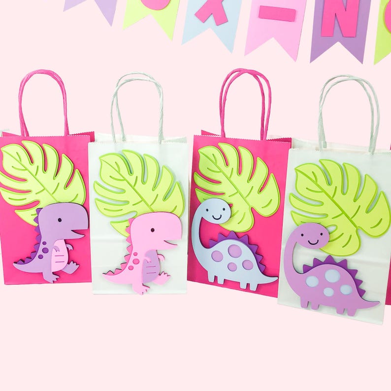 Girls Dinosaur Party Favour Bags | Pink Dinosaur Birthday Party Supplies | Girls Dino Decor | 3-Rex | Party Loot Bags image 1