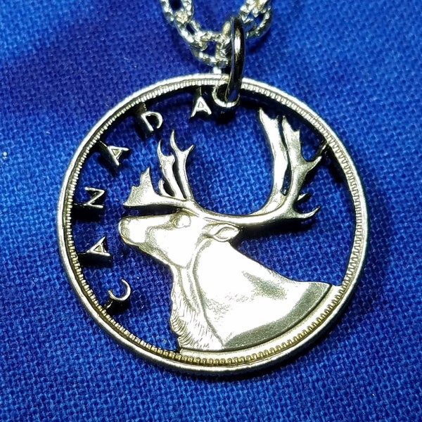 Caribou Pendant, Canadian 25 Cent Coin, Hand Cut Coin Jewelry, Silver Plated Chain, 9 Necklace Options, Coin Necklace