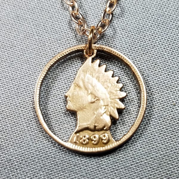 Indian Head Pendant, Historic US Indian 1 Cent Coin, Hand Cut Coin Jewelry, Rose Gold Plated Chain, 9 Necklace Options, Coin necklace