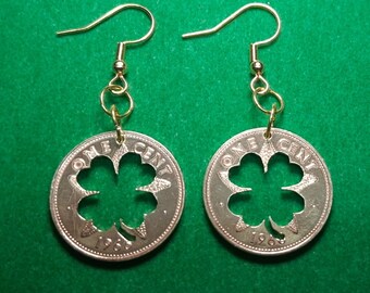Shamrock Earrings, Bahama Penny, Four Leaf Clover Jewelry, Cut Coin Jewelry, Dangle Earrings