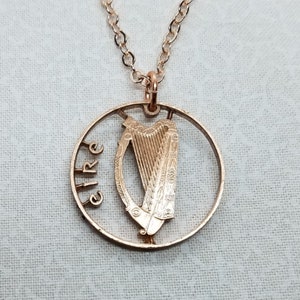 Gaelic Irish Harp Pendant, Irish 2 Pence Coin, Cut Coin Jewelry, Erie Pendant, Gaelic Harp Necklace, Coin Pendant, Boho Jewelry
